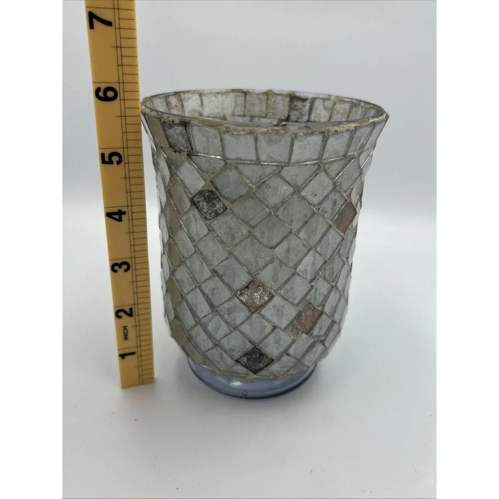 Vintage Silver Gray Mosaic Glass Candle Holder Votive Hurricane Boho Decor 6